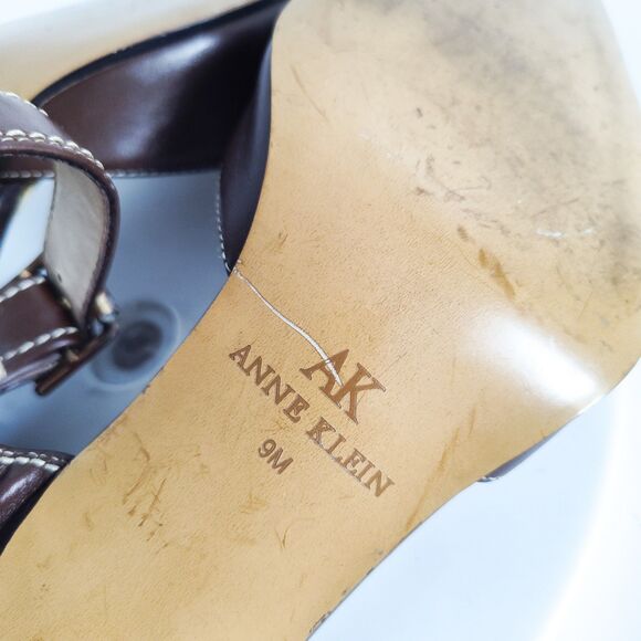 Y2K 90s Anne Klein Heels Size 9 Brown Leather Pointy Toe Ankle Strap 3" Stiletto - Picture 12 of 12